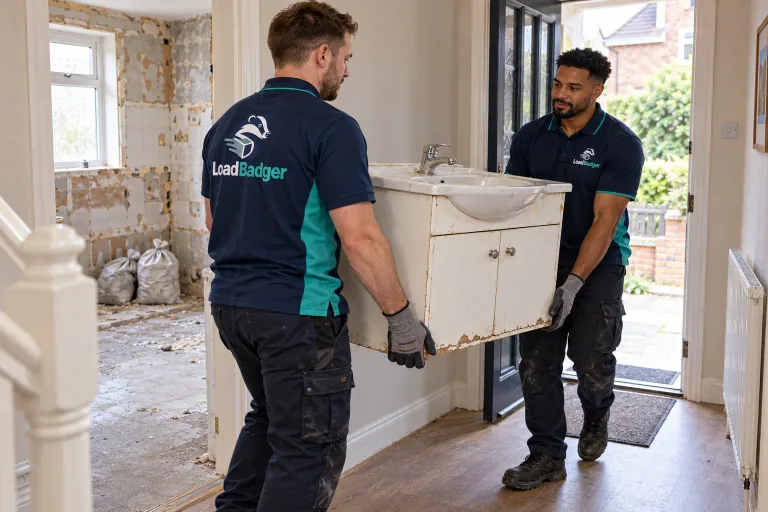 A removal crew taking an old bathroom vanity out for DIY waste clearance