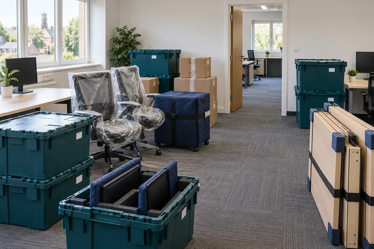 Office desks, wrapped chairs and labelled boxes prepared for a Bedfordshire move