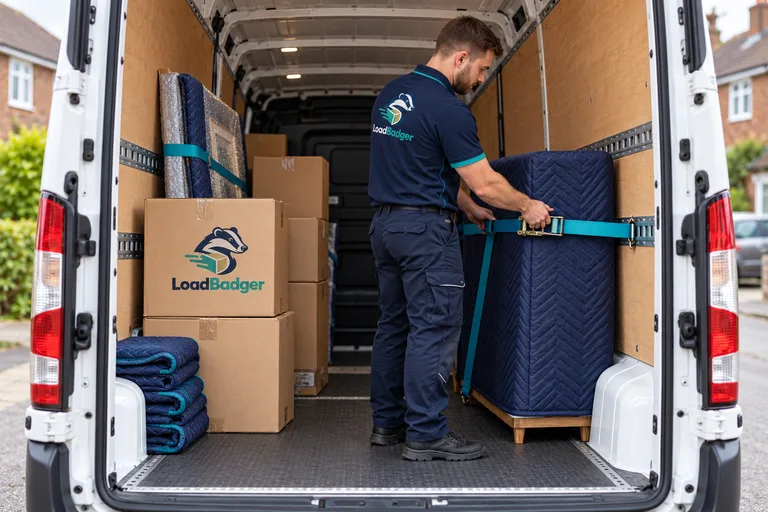 LoadBadger driver securing a protected cabinet inside a delivery van