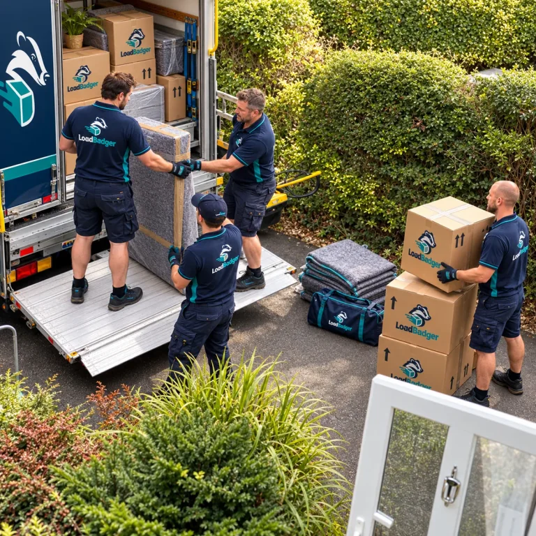 Team carefully loading protected furniture and boxes into a removal truck