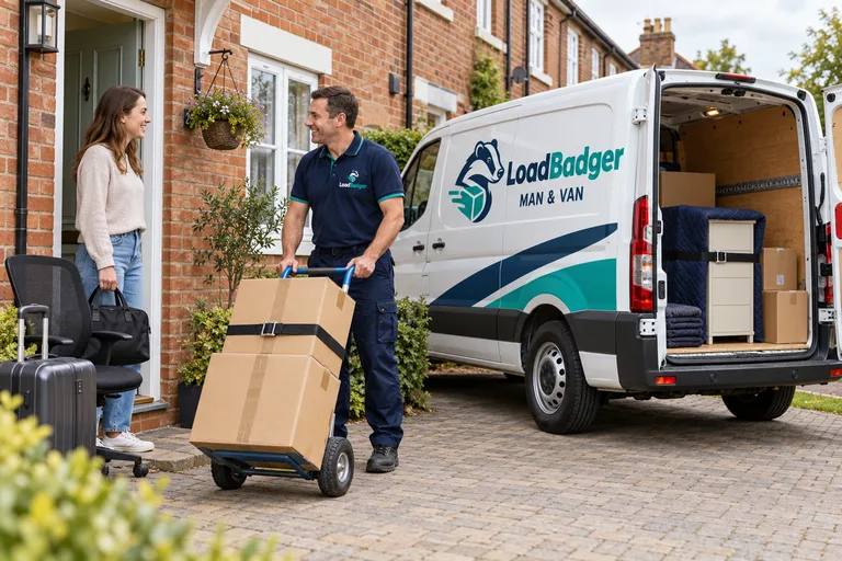 LoadBadger worker helping a customer with a careful local move beside a loaded van