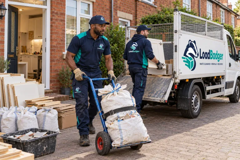 A clearance crew in LoadBadger-branded workwear removing renovation waste from a kitchen project