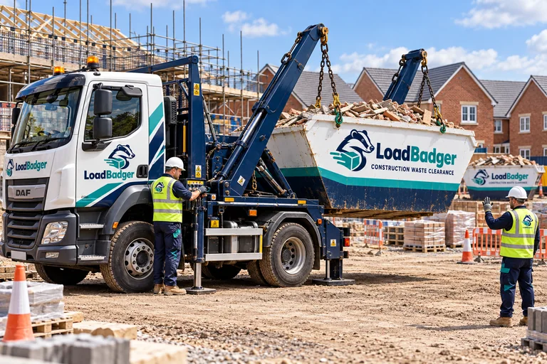 LoadBadger-branded skip-loader lifting construction waste at a building site