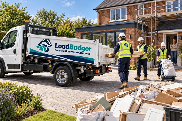 LoadBadger-branded tipper beside renovation waste at a building site
