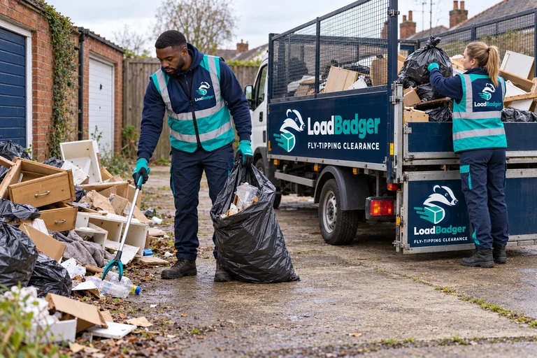 Fly-tipped waste clearance scene