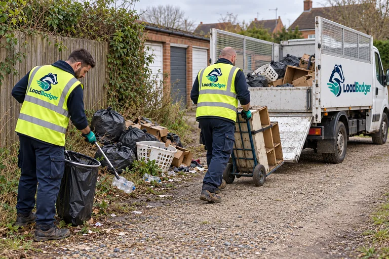 Clearance workers loading dumped waste beside a private access lane