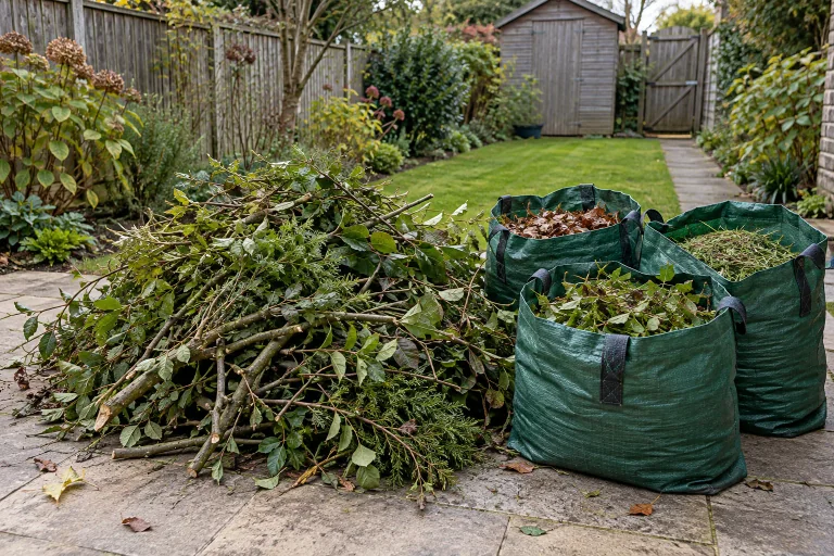 Branches and garden cuttings gathered in collection bags