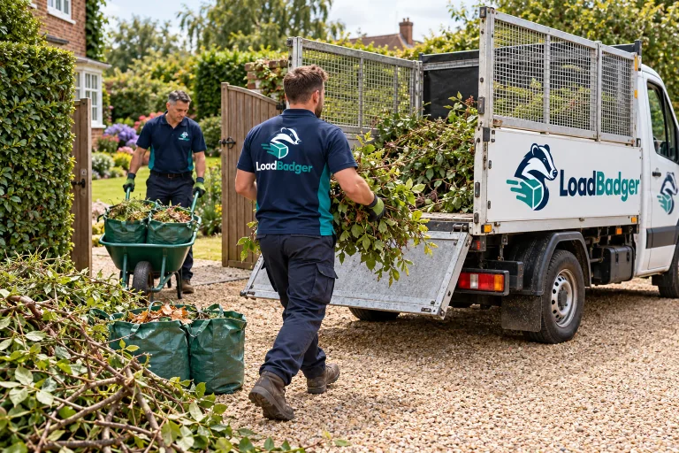 LoadBadger team loading garden cuttings into a collection vehicle