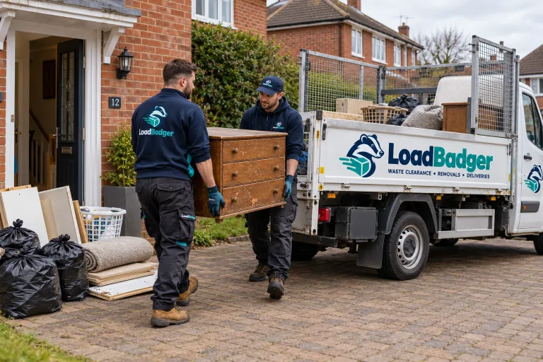 A clearance crew loading furniture and household belongings beside a LoadBadger-branded vehicle
