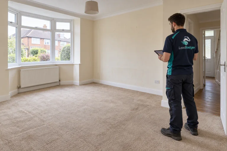 A clearance worker in LoadBadger-branded workwear checking a cleared room during household clearance