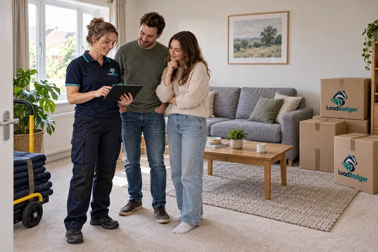 LoadBadger worker completing a final move check with customers in their new home