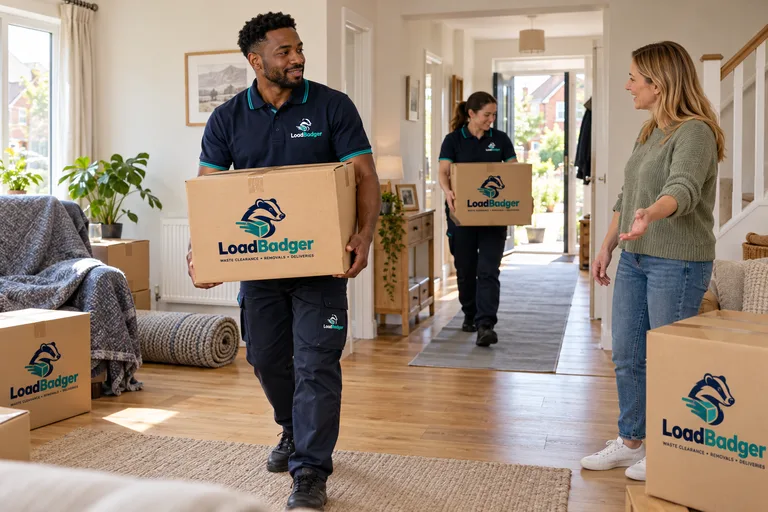 LoadBadger crew welcoming a customer during a home move