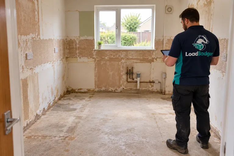 Renovation waste cleared from a kitchen, leaving the space ready for trades