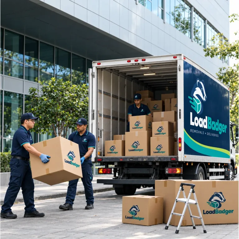 LoadBadger team carrying boxes outside a modern office building