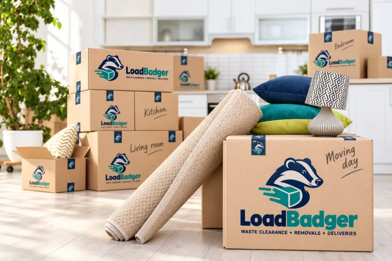 LoadBadger moving boxes with rugs, cushions and household belongings