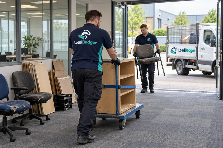 Unwanted office furniture being moved out for collection