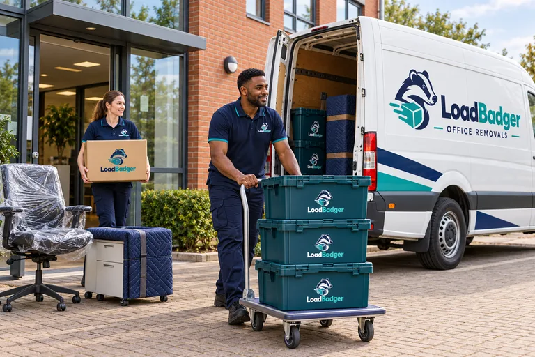 LoadBadger team moving office furniture and equipment into a removal truck