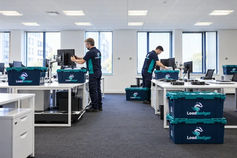 Team packing monitors into reusable moving crates
