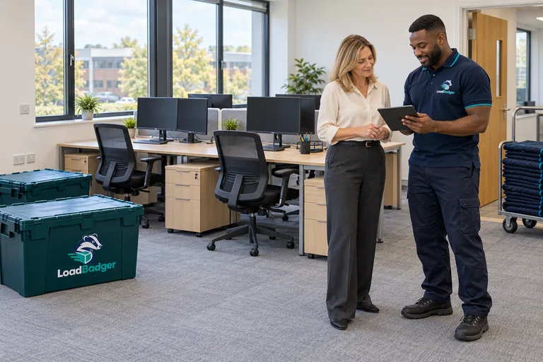 LoadBadger team reviewing an office relocation handover with a customer