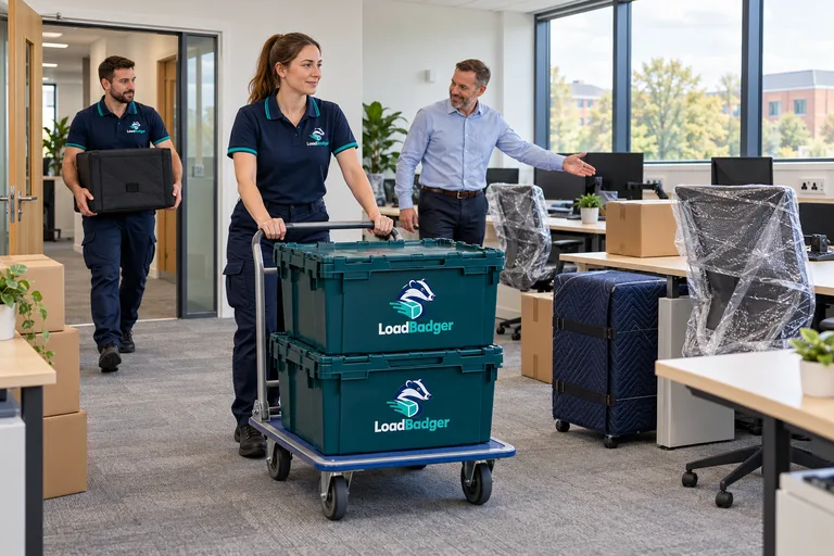 LoadBadger crew moving office crates through a workspace on a trolley
