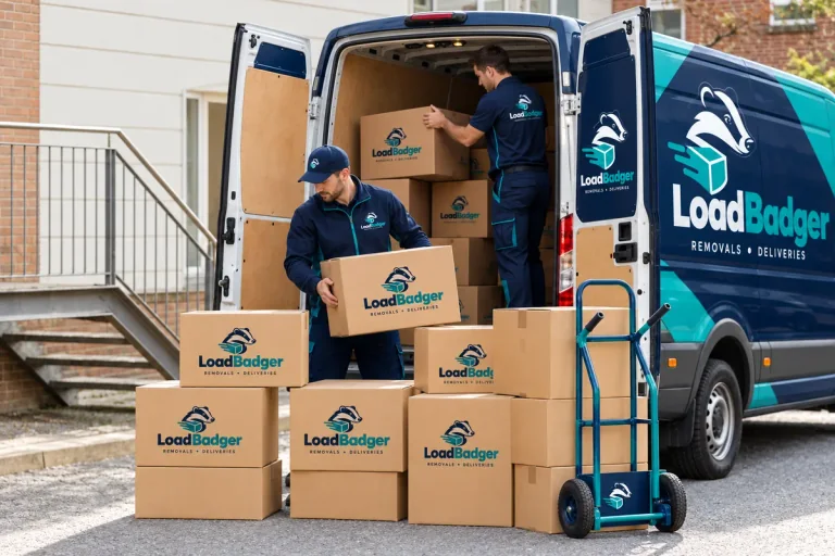 LoadBadger workers loading boxes into a branded van beside a moving trolley