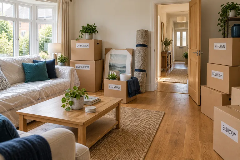 A living room with protected furniture, labelled boxes and belongings organised for moving day