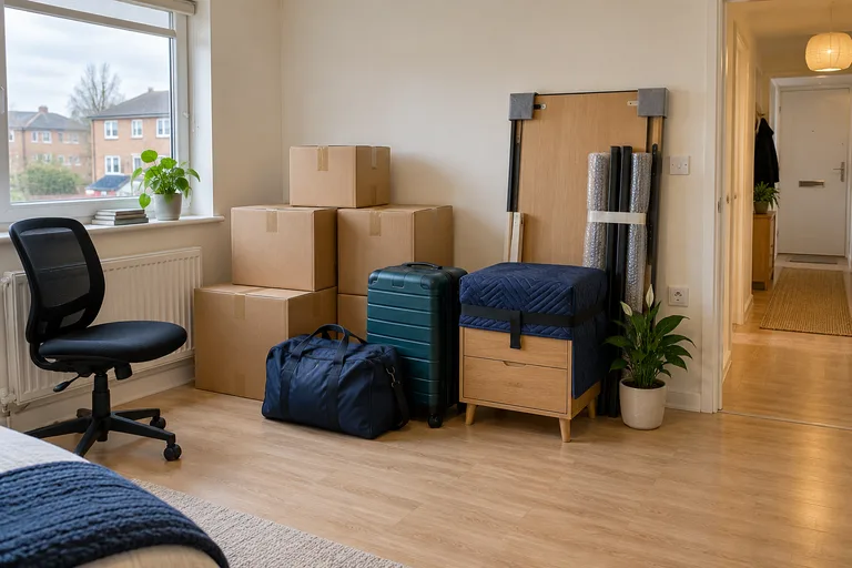 A small move organised with boxes and furniture ready for collection