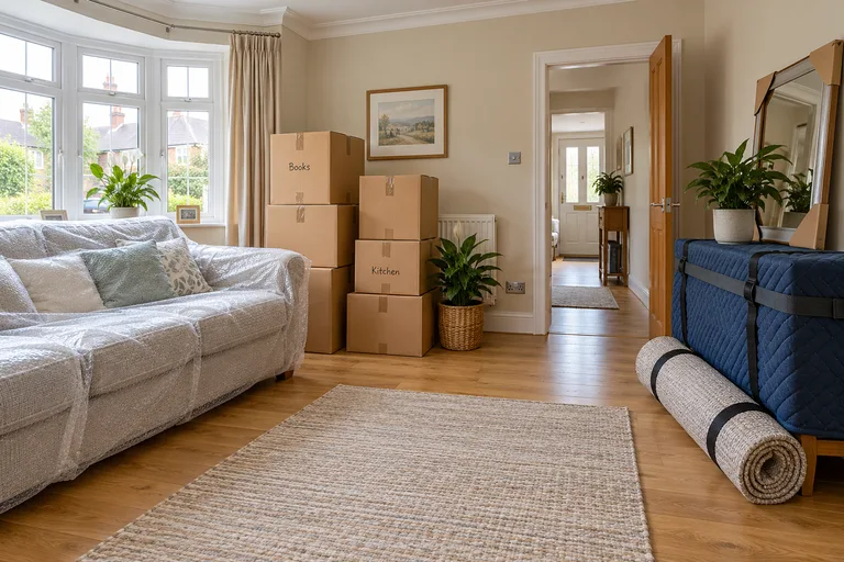 A carefully packed living room with wrapped furniture and labelled moving boxes ready for collection
