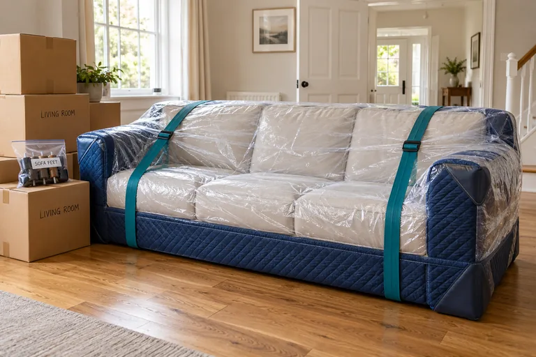 A sofa wrapped in protective covers and secured with straps, with moving boxes beside it, ready for removal