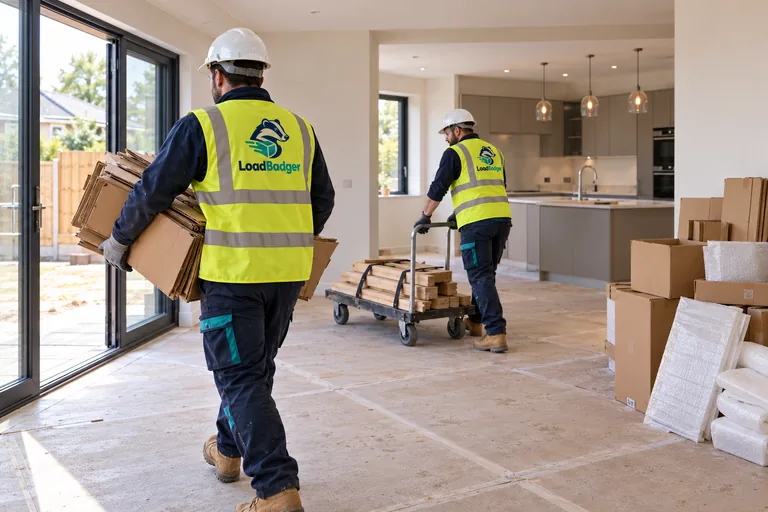 Construction clearance workers moving packaging and leftover materials from a newly built home