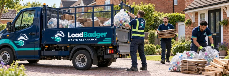 LoadBadger team sorting recyclable materials beside a branded vehicle