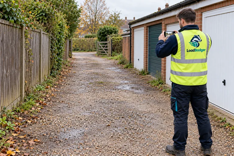 A cleared access lane after waste removal, with the finished area being documented