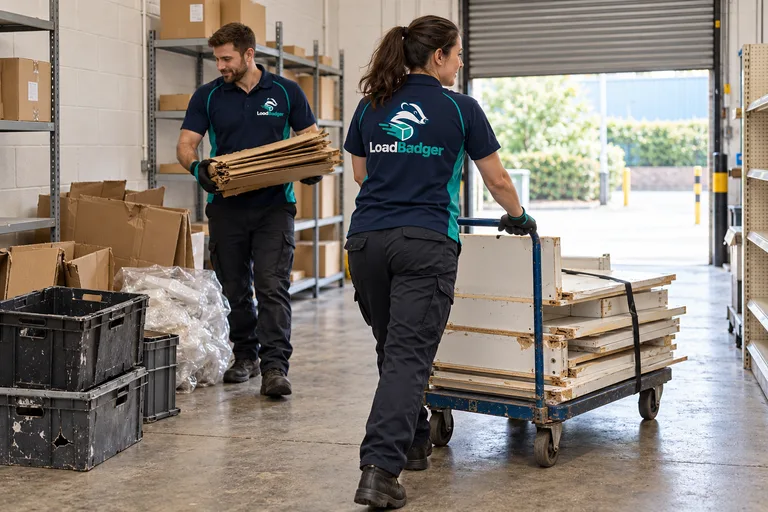 LoadBadger clearance workers moving cardboard and shop fittings through a retail stockroom