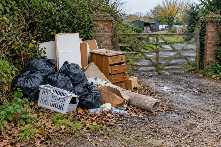 Furniture and bagged waste dumped beside a rural gate before collection