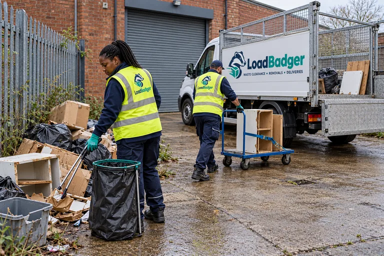 Commercial clearance workers sorting bulky waste beside a branded collection vehicle