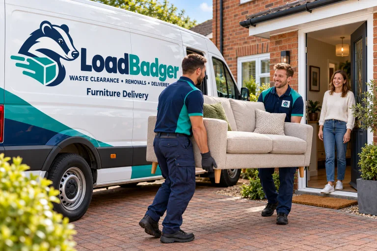 LoadBadger team delivering a sofa