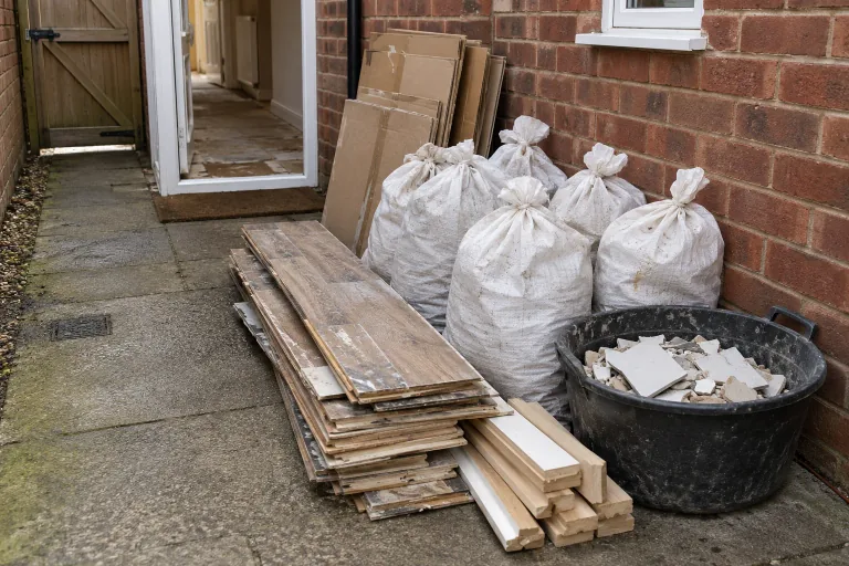 Sorted renovation waste, timber offcuts and rubble bags ready for collection